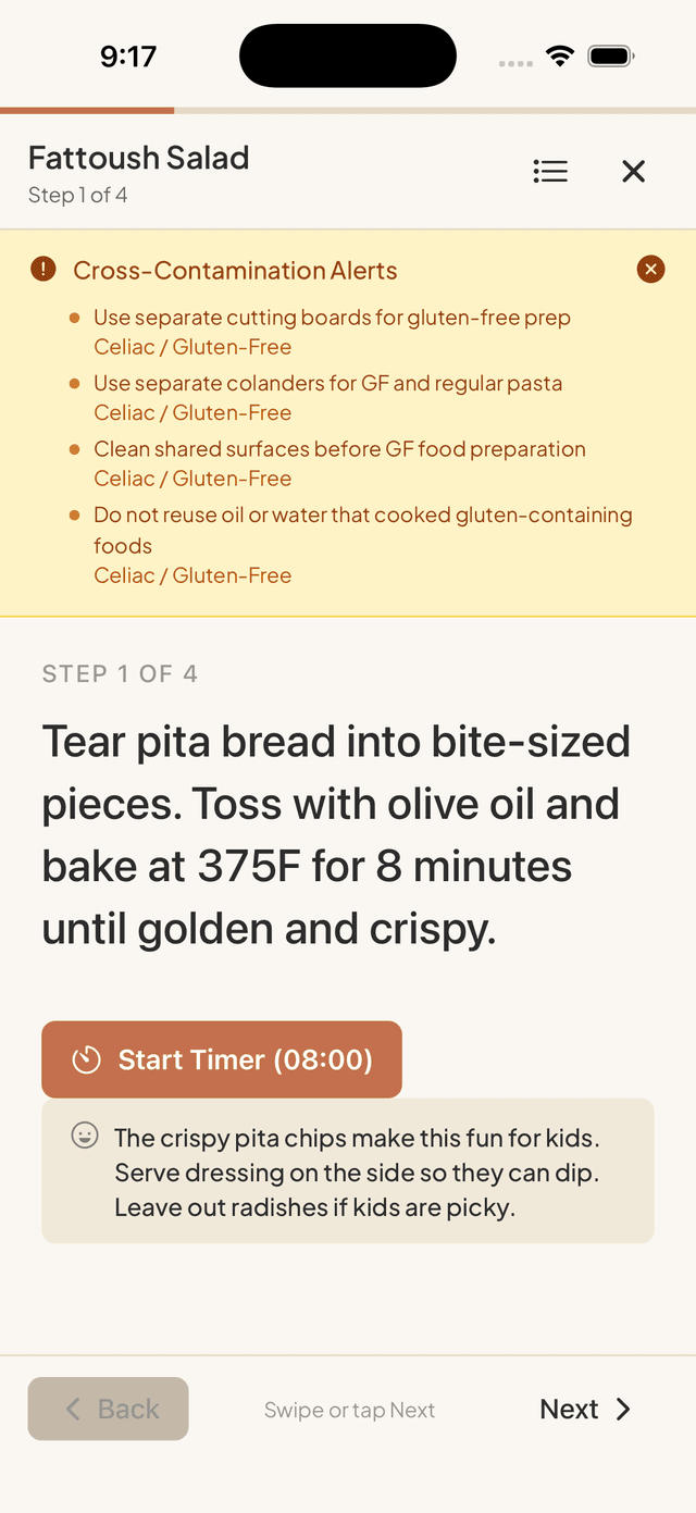 Cook mode, one step at a time with a running timer