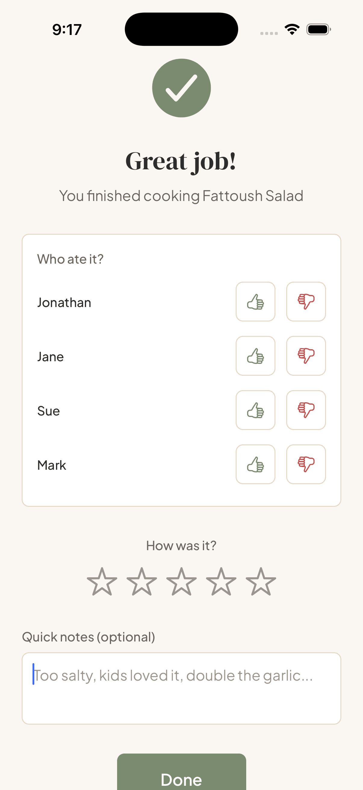 Family feedback screen